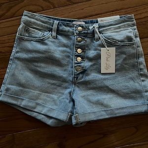 Pink Lily Rivera Daydream Light Wash Button Fly Rolled Hem Jean Shorts